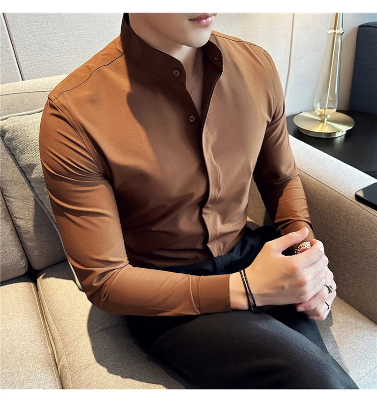 2024 New Stand Collar Luxury Shirts For Men High Quality Hide Buttons Design Solid Slim Fit Business Party Wedding Dress Shirts