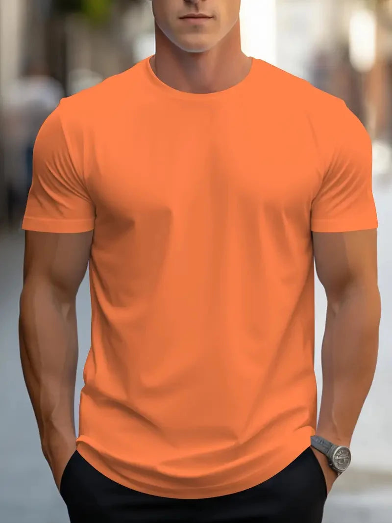 Men's Fashion Round Neck Printed T-Shirt Short Sleeve Solid Color Streetwear Loose Fit Summer Top