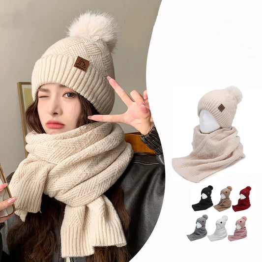 Women's Winter Double Layer Plus Fluff Ball Knit Hat Outdoor Warm Beanie Hat Two-Piece Set