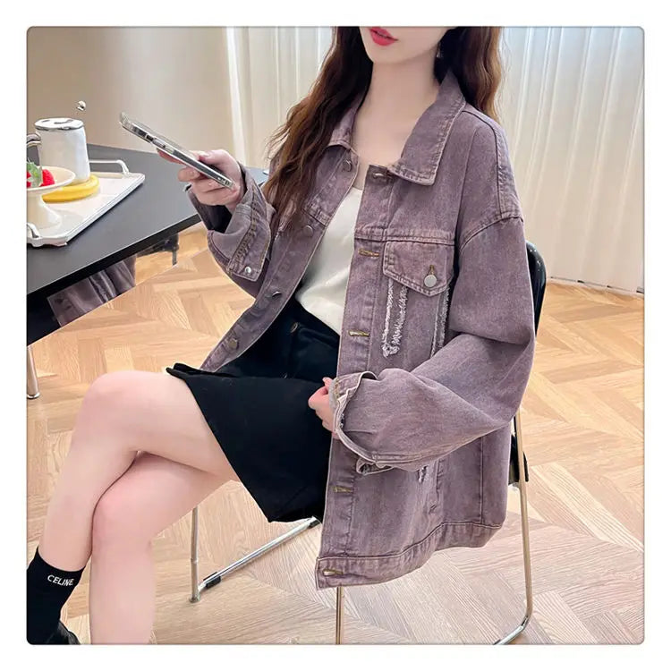 Casual Purple Denim Jacket for Women Loose Long-sleeved Autumn Outerwear Korean Style