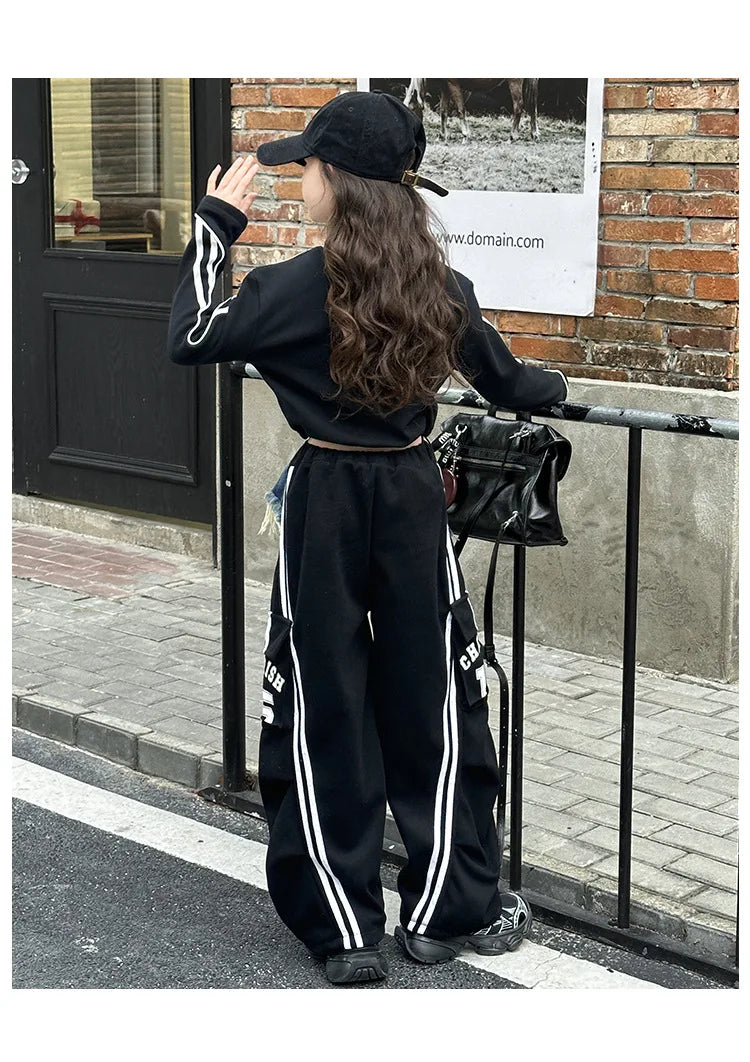 2025 spring teen girl American spliced denim drawstring work pants junior kid casual floor sports Wide leg trousers short hoodie