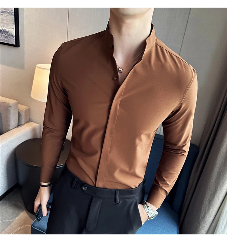 2024 New Stand Collar Luxury Shirts For Men High Quality Hide Buttons Design Solid Slim Fit Business Party Wedding Dress Shirts