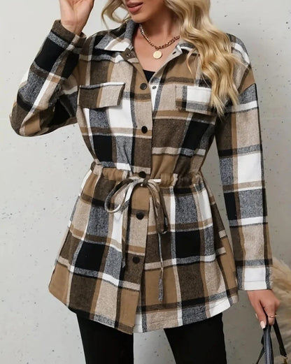 Women's Plaid Pattern Flap Detail Drawstring Waist Button Front Coat Daily Clothing Autumn & Winter New Female Fashion Jacket