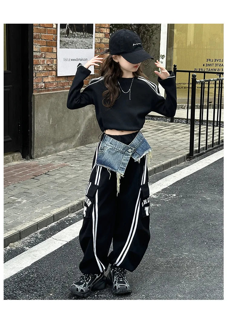 2025 spring teen girl American spliced denim drawstring work pants junior kid casual floor sports Wide leg trousers short hoodie