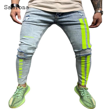 Samlona Jeans Mens Fashion Skinny Denim Pant Male Streetw New Patchwork Demin Pants Sexy Jeans Blue Grey Pencil Trouser