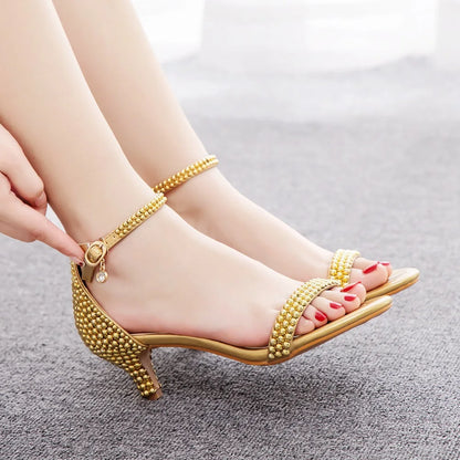 Summer High-heeled Women's Sandals String Bead PU 5CM Thin Heels Buckle Strap Wedding Dress Women's Shoes Golden Middle Heels