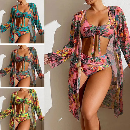 Split Three Piece Floral Printed Swimsuit