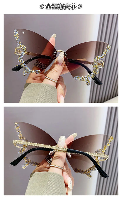 Luxury Butterfly Diamond Sunglasses Ladies Large Rimless Glasses Fashion Personalised Stage Performance Glasses Party Essentials