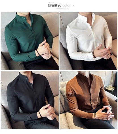 2024 New Stand Collar Luxury Shirts For Men High Quality Hide Buttons Design Solid Slim Fit Business Party Wedding Dress Shirts