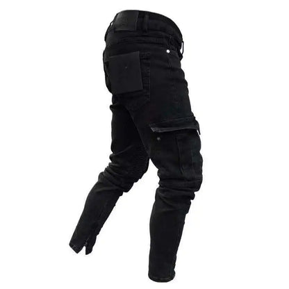 Stretch Jeans for Men Black Big Side Pockets Cargo Male Jeans Fashion Zipper Small Foot Denim Pants Elastic Jogging Trousers