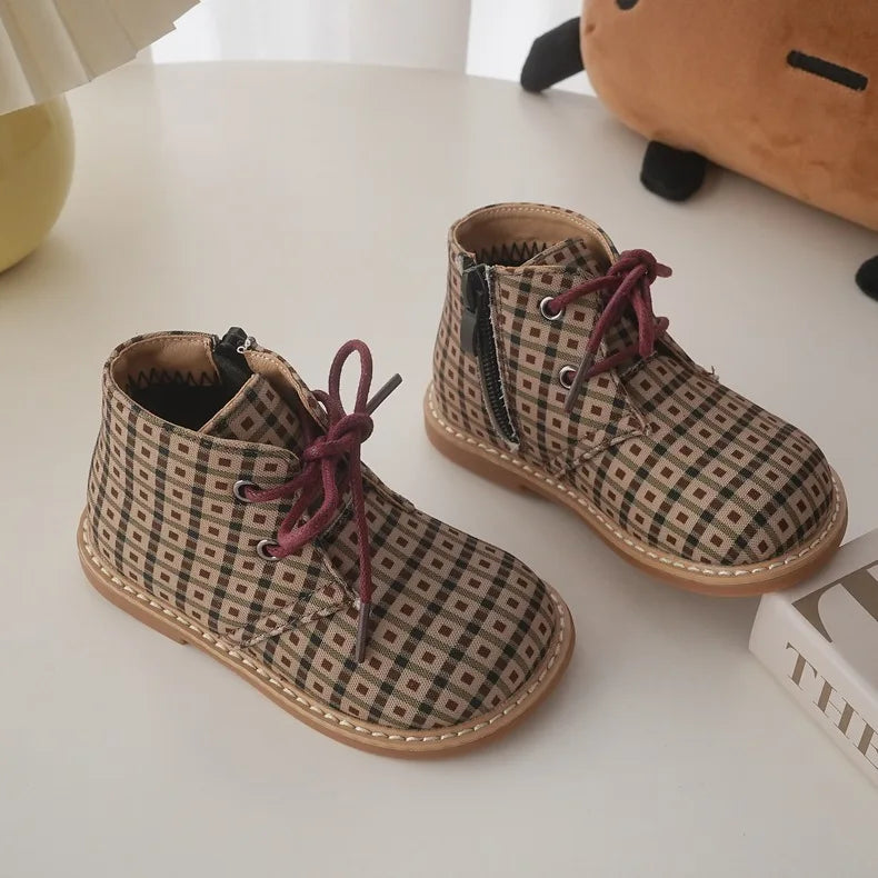 British Style Children Short Boots Handsome Autumn Boys Single Boots Fashion Girls Retro Lattice Boots Baby Soft Warm Shoes