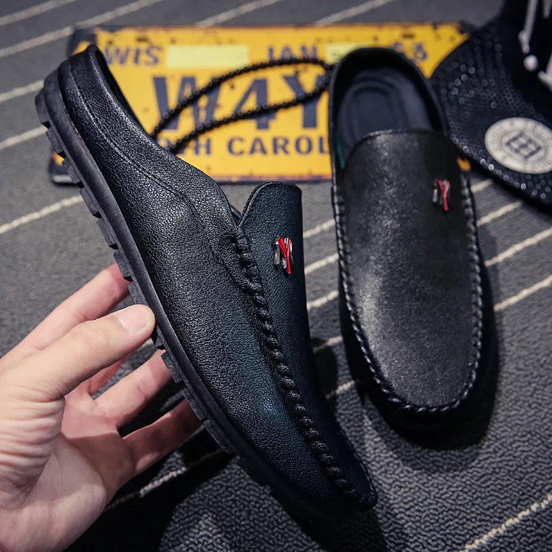 Slippers For Men Loafers Leather Indoor Home Slippers Men Spring Slip On Soft Comfor Black Bedroom Indoor Flat Men Shoes