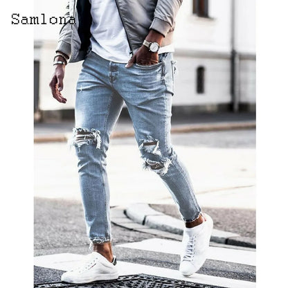 Samlona Jeans Mens Fashion Skinny Denim Pant Male Streetw New Patchwork Demin Pants Sexy Jeans Blue Grey Pencil Trouser