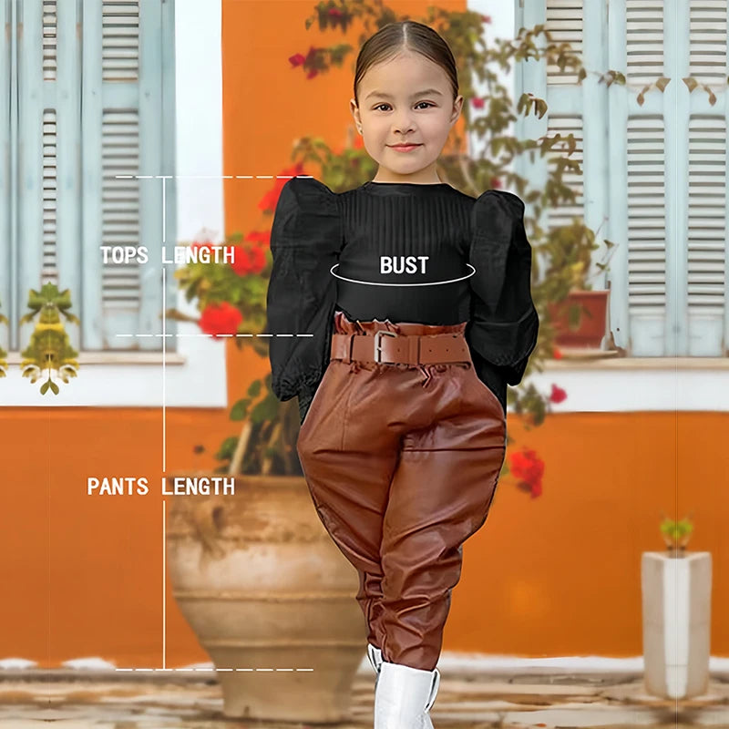 Kids Girls Clothing Set Long Puff Sleeve Ribbed Blouse Tops+PU Leather Pants with Belt 2pcs For Girls' Clothing Size 1 2 3 4 5 6