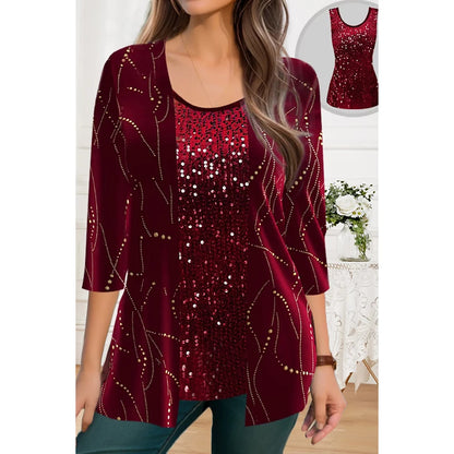 Plus Size Casual Burgundy Velvet Bronzing Print Sparkly Sequin Two Pieces Christmas Blouse Cover Up Tops with Round Neck Vest