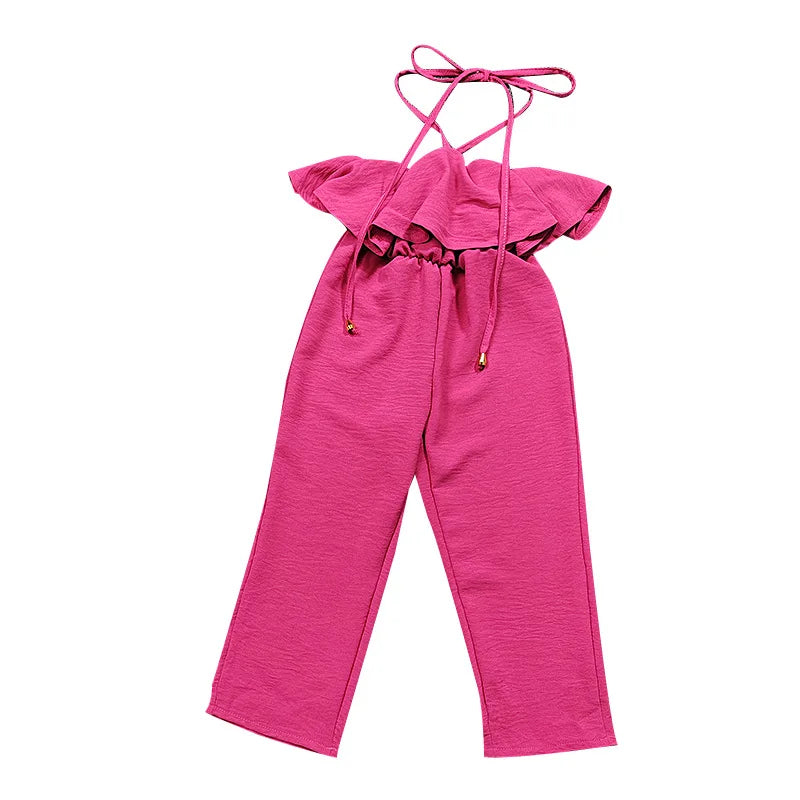 New Casual Girls' Summer Halter Ruffle Sleeve Jumpsuit Soild Suspender Romper Fashion Clothing for Toddler Girl 1-8 Years