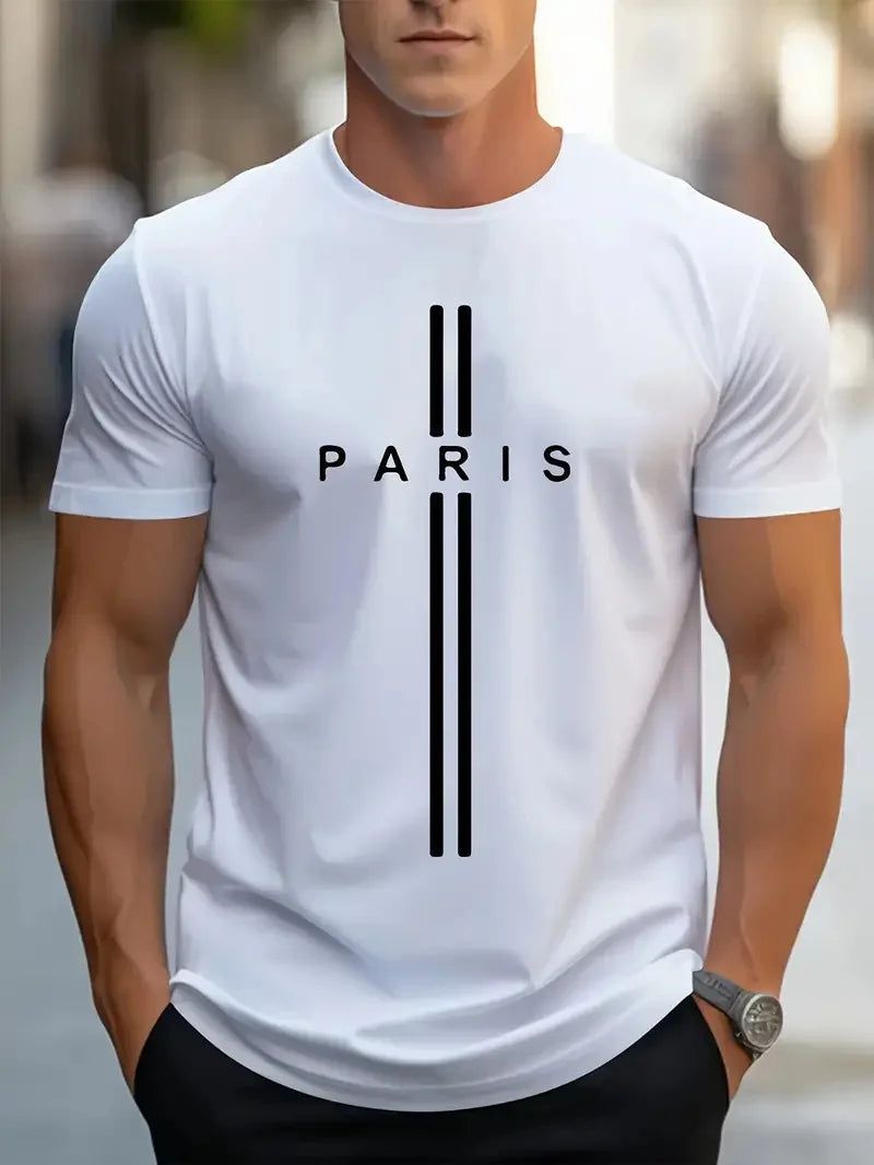 Men's Fashion Round Neck Printed T-Shirt Short Sleeve Solid Color Streetwear Loose Fit Summer Top