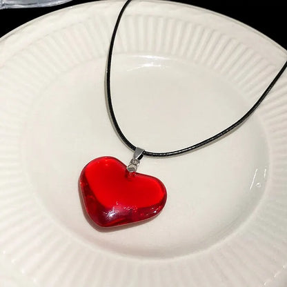 Red Heart Pendant Necklace For Women Girls Glass Crystal Necklace Black Leather Rope Chain Necklaces Y2k Jewelry Friends Gift