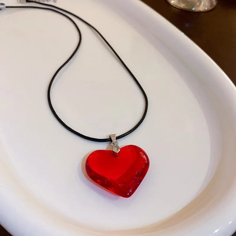 Red Heart Pendant Necklace For Women Girls Glass Crystal Necklace Black Leather Rope Chain Necklaces Y2k Jewelry Friends Gift