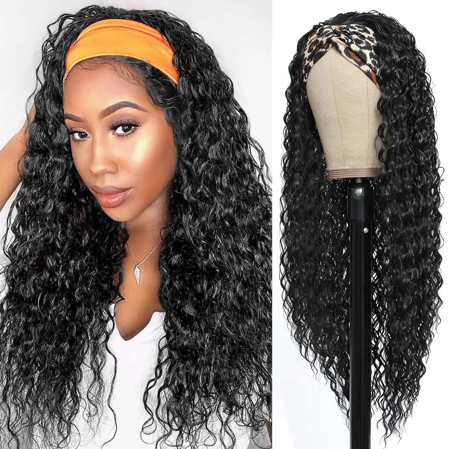 Headband Wigs for Black Women Synthetic 24INCH Wet and Wavy Headband Wig Curly Wave Wigs Glueless Long Wigs for Daily Party