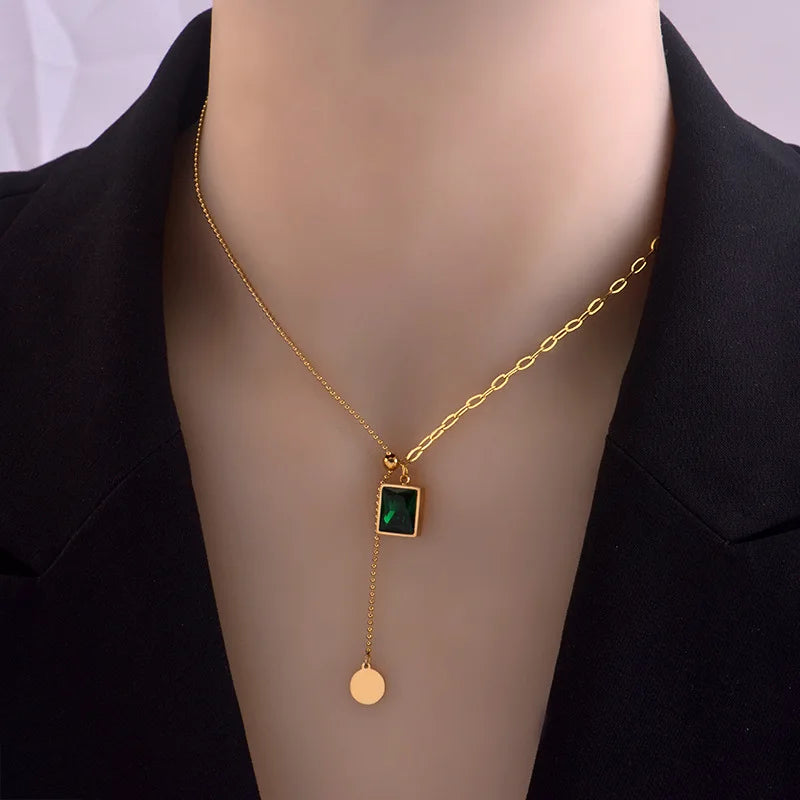 Korean Fashion Emerald Stainless Steel Gold Color Necklace for Woman Jewelry Girl's Sexy Clavicle Chain Collares Para Mujer