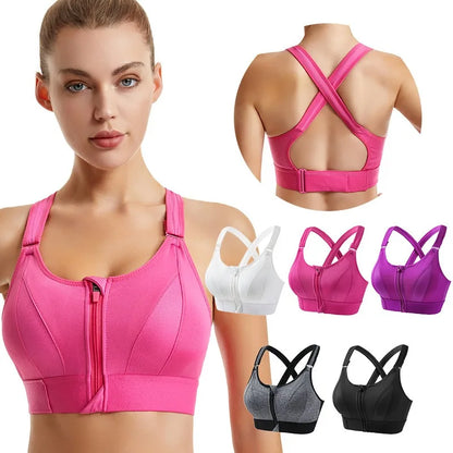 Aiithuug Sexy Zip Front Closure Strappy Criss Cross Yoga Bra Women's Padded Shockproof Gathered Seamless Wireless Sport Gym Bras