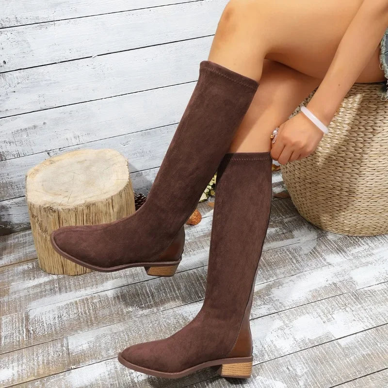 Women's Fashion Boots Spring and Autumn New Style Round Toe Back Zipper Knee-high Boots Women Stitching High Boots Simple Boots