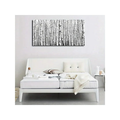 Framed large birch canvas wall art - modern black and white woodland scene, living room and home office fall style decor