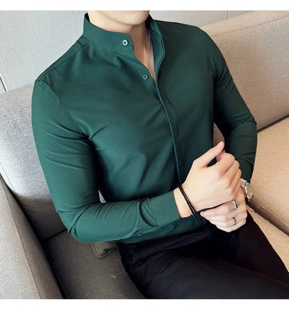 2024 New Stand Collar Luxury Shirts For Men High Quality Hide Buttons Design Solid Slim Fit Business Party Wedding Dress Shirts