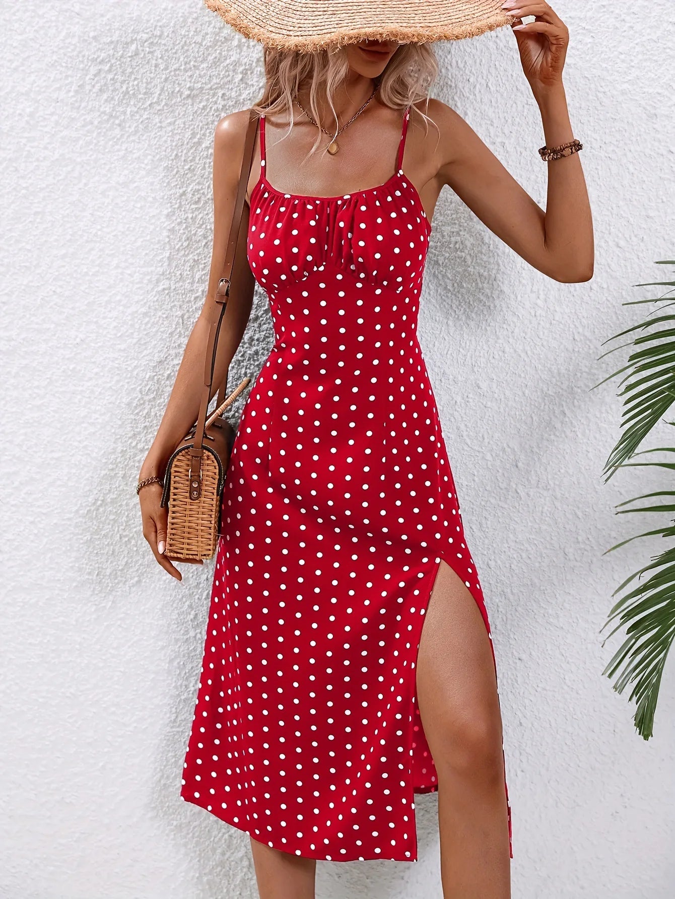 Summer Sexy Spaghetti Straps Dress Women Fashion Polka Dot Print Sleeveless Slit Dress Boho Casual Beach Midi Dresses