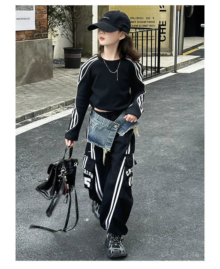 2025 spring teen girl American spliced denim drawstring work pants junior kid casual floor sports Wide leg trousers short hoodie