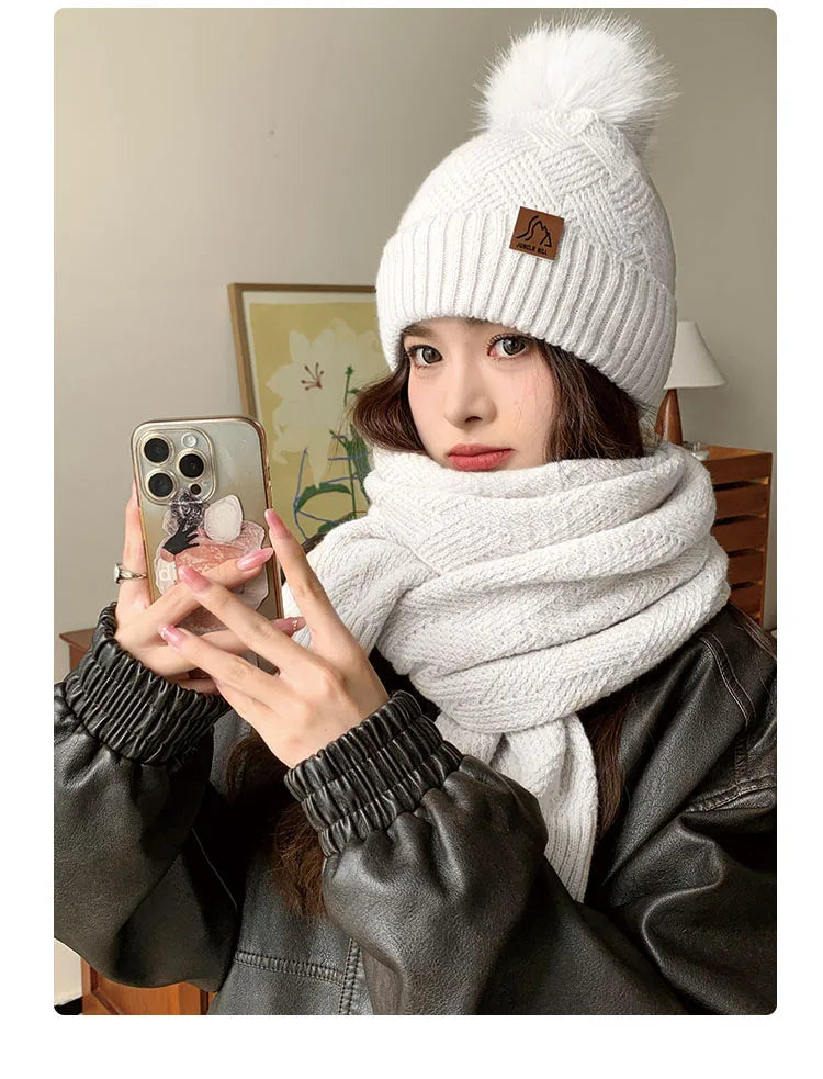 Women's Winter Double Layer Plus Fluff Ball Knit Hat Outdoor Warm Beanie Hat Two-Piece Set