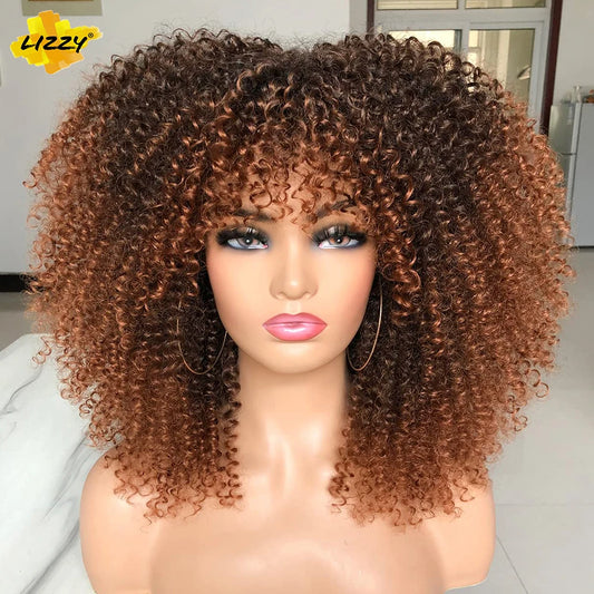 Short Afro Curly Wig With Bangs Synthetic African Fluffy Black Ombre Brown Curly Women's Wigs