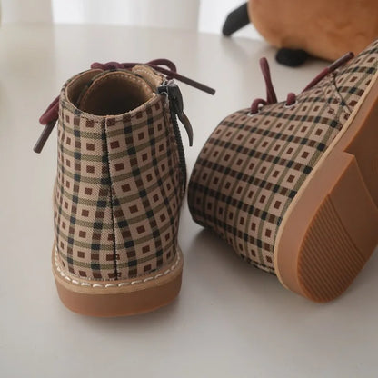 British Style Children Short Boots Handsome Autumn Boys Single Boots Fashion Girls Retro Lattice Boots Baby Soft Warm Shoes