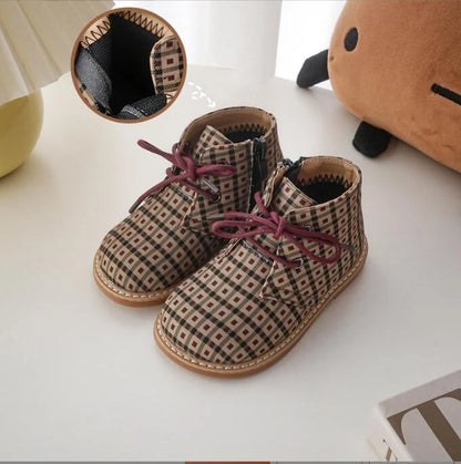 British Style Children Short Boots Handsome Autumn Boys Single Boots Fashion Girls Retro Lattice Boots Baby Soft Warm Shoes