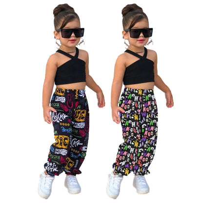 1-8Years Kids Girls Summer Clothes Sets Sleeveless Cross Crop Tops+Loose Casual Pants Baby Children Girl Beach Holiday Clothing