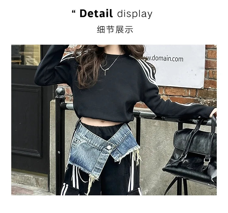 2025 spring teen girl American spliced denim drawstring work pants junior kid casual floor sports Wide leg trousers short hoodie