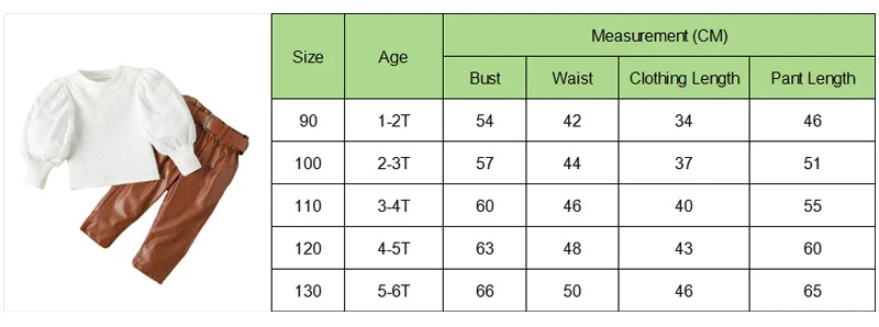 Kids Girls Clothing Set Long Puff Sleeve Ribbed Blouse Tops+PU Leather Pants with Belt 2pcs For Girls' Clothing Size 1 2 3 4 5 6