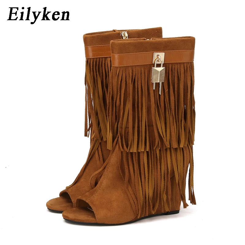 Eilyken Designer Fringe Wedges  Boot Sandals Woman High Heels Open Toe Party Prom Shoes 2024 Sexy Zipper Female Pumps