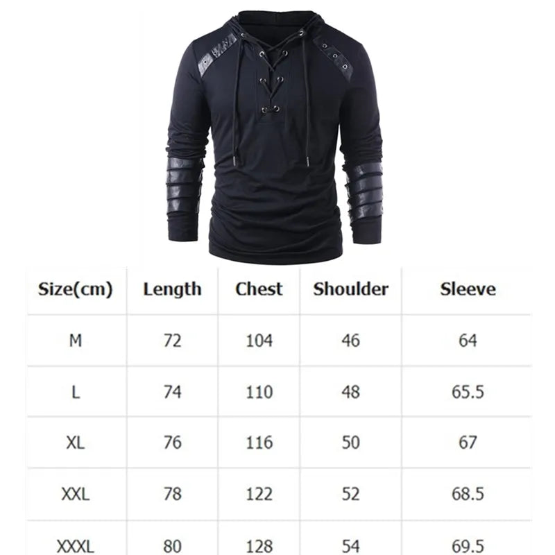 Men's Gothic Steampunk Hoodie Shirts Sweatshirt Lace Up Long Sleeve Pullover Hooded Casual Blouse Tops