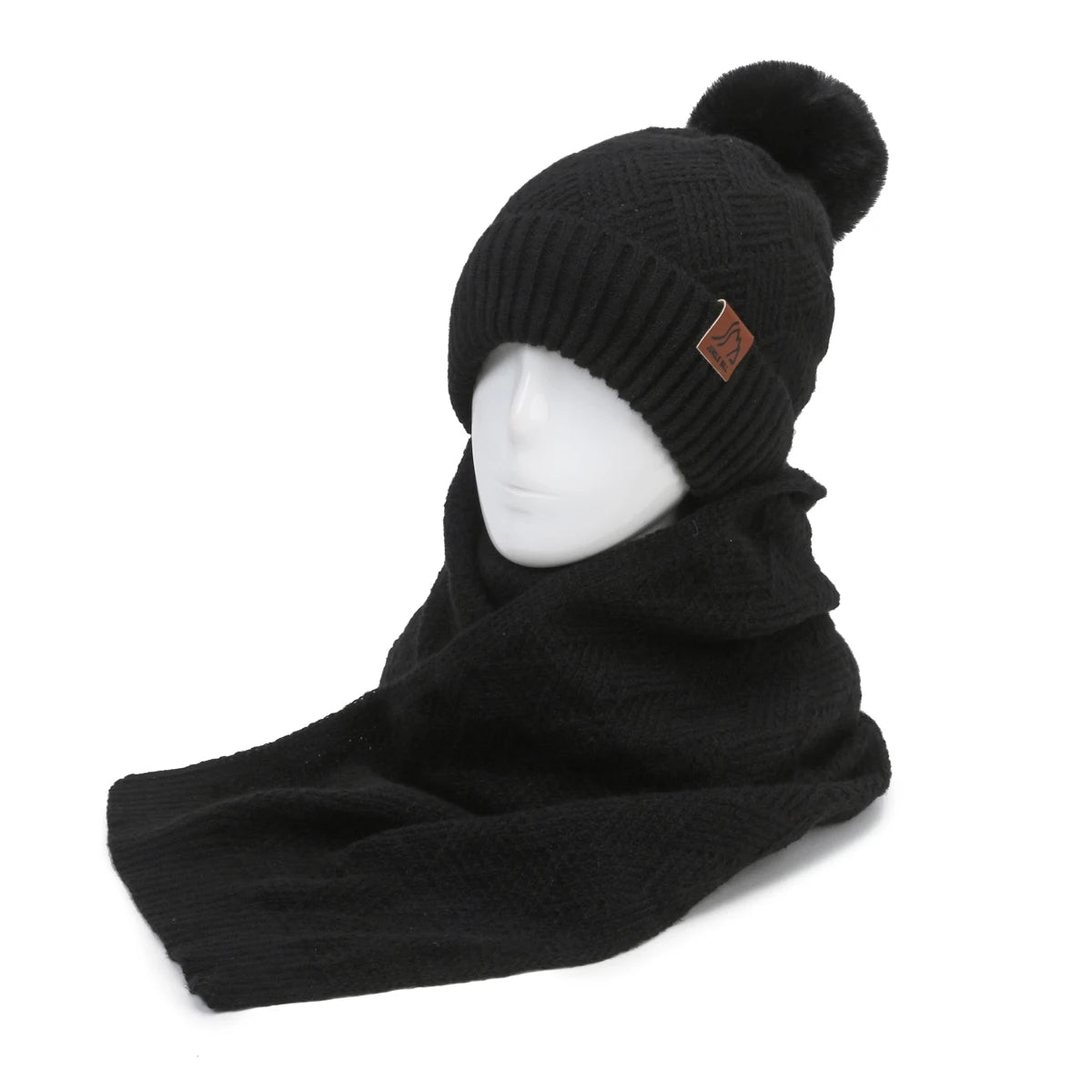 Women's Winter Double Layer Plus Fluff Ball Knit Hat Outdoor Warm Beanie Hat Two-Piece Set