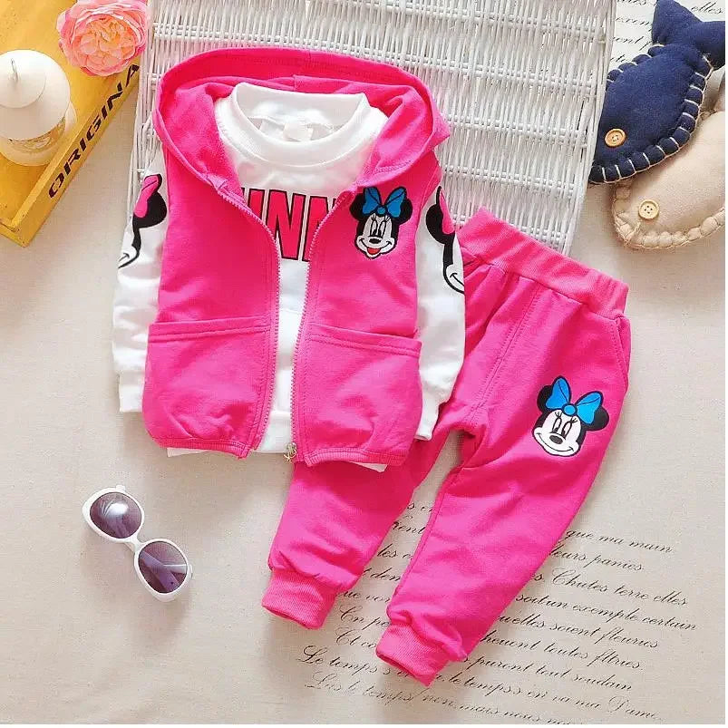 Baby Girls Minnie Mickey Clothing Set Children Spring Autumn 3Pcs Sets Hooded Jacket Coat Vest Pants Suits Kids Cartoon Clothes