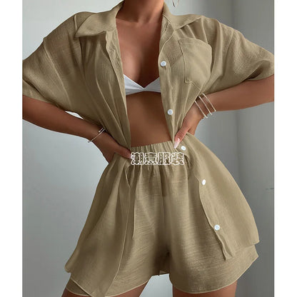 Beach Vacation Solid Color Short Sleeve Shirt Set Casual Summer New Loose Sun Protection Suit Beach Swimsuit Cover Up Short Sets