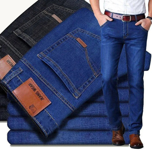 Men's Fashion Business Jeans Classic Style Casual Stretch Slim Jean Pants Male Brand Denim Trousers Black Blue