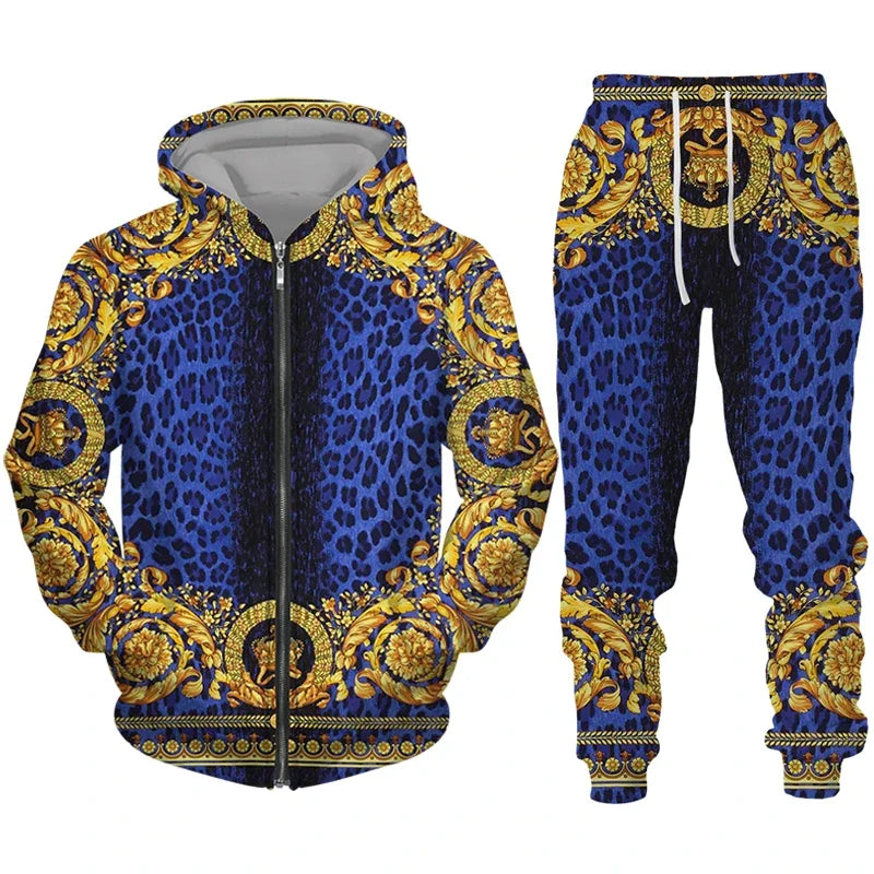 Men Zipper Hoodies Set Luxury Golden Pattern 3D Print Casual Tracksuit+Pants 2pcs Sets Oversized Sweatshirt Fashion High-quality