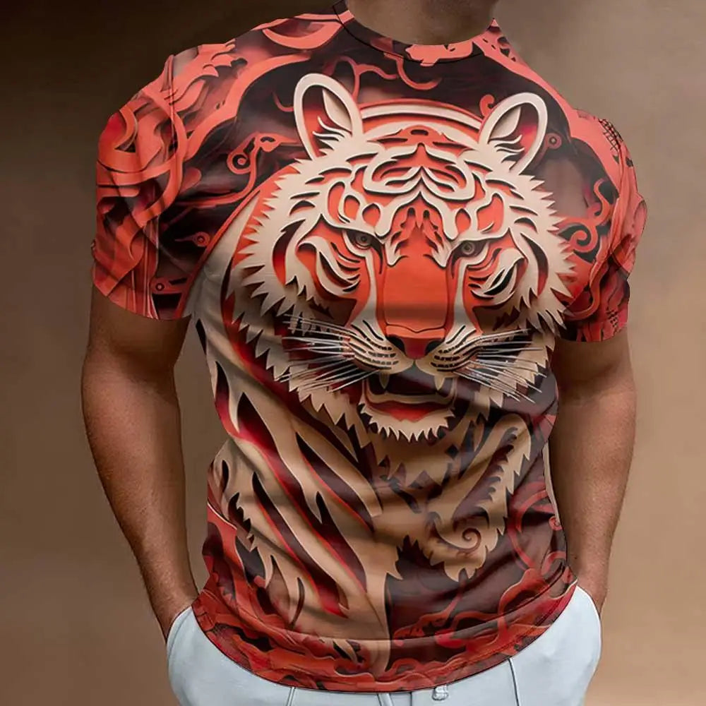 Fashionable 3D Fierce Tiger Print Men's T-Shirt Retro Loose Oversized Short Sleeve Eye Catching Man Clothing 2024 Tees