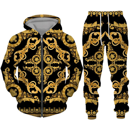 Men's Zipper Tracksuit Set Luxury Golden Pattern 3D Print Casual Hoodie Pants 2pcs Sets Oversize Sweatshirt Fashion Man Clothes