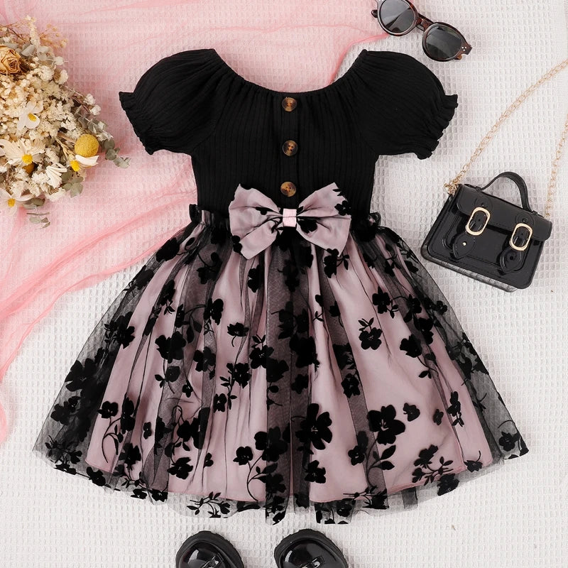 Newborn Kids Girl’s A-line Dress Short Sleeve Crew Neck Flower Bow Tulle Patchwork Summer Party Dress Children's Clothing