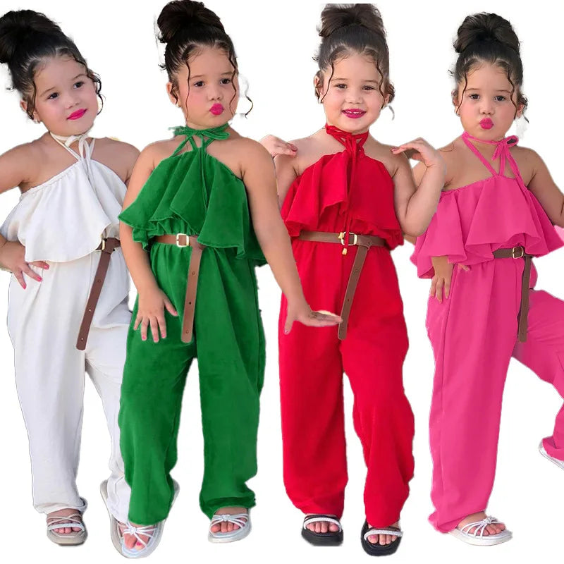 New Casual Girls' Summer Halter Ruffle Sleeve Jumpsuit Soild Suspender Romper Fashion Clothing for Toddler Girl 1-8 Years