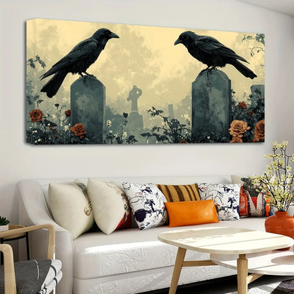 1.5 inch thick pine solid wood frame, Halloween crow and floral tombstone canvas art wall decoration